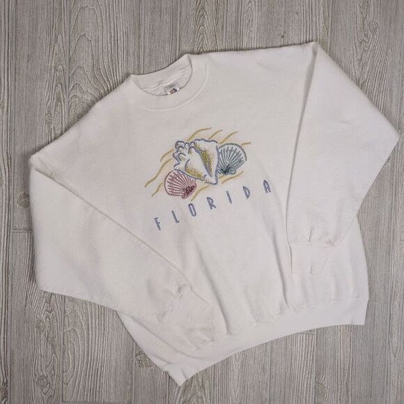 Vintage 90s Fruit of the Loom Adult XL Florida Seashells Beach Pullover Sweater - Picture 1 of 6